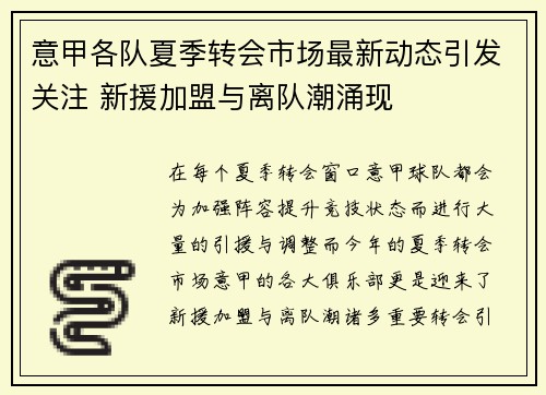 意甲各队夏季转会市场最新动态引发关注 新援加盟与离队潮涌现
