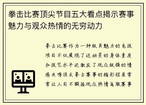 拳击比赛顶尖节目五大看点揭示赛事魅力与观众热情的无穷动力