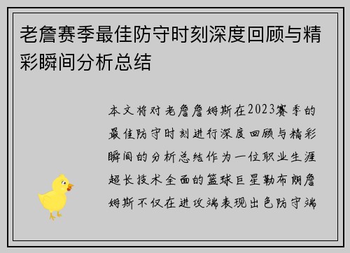 老詹赛季最佳防守时刻深度回顾与精彩瞬间分析总结