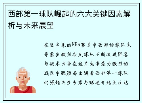 西部第一球队崛起的六大关键因素解析与未来展望