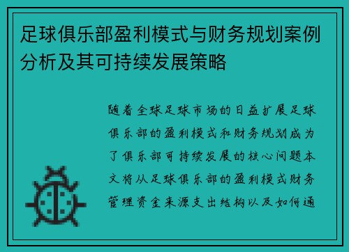 足球俱乐部盈利模式与财务规划案例分析及其可持续发展策略